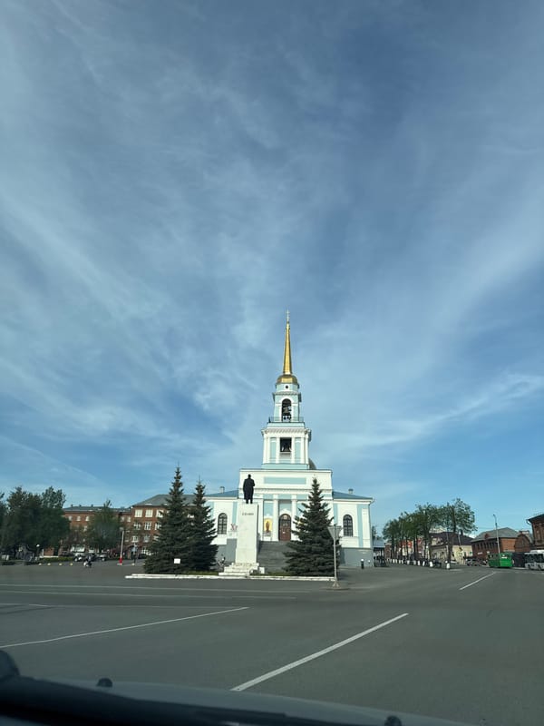 Church and Lenin statue observed in Votkinsk, Russia