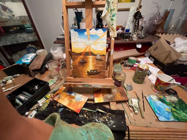 Artist's studio workspace documented in Maidstone with landscape painting