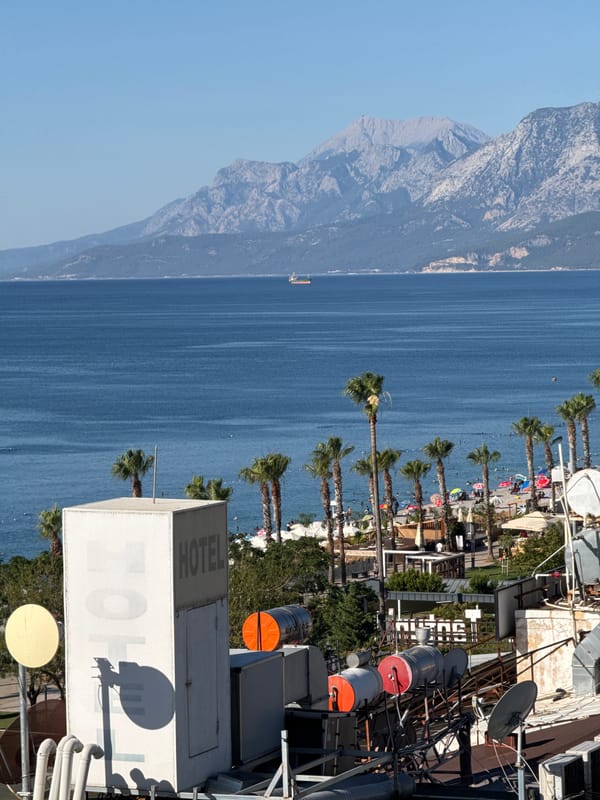 Hotel morning in Konyaaltı, Mediterranean coast and mountains in view