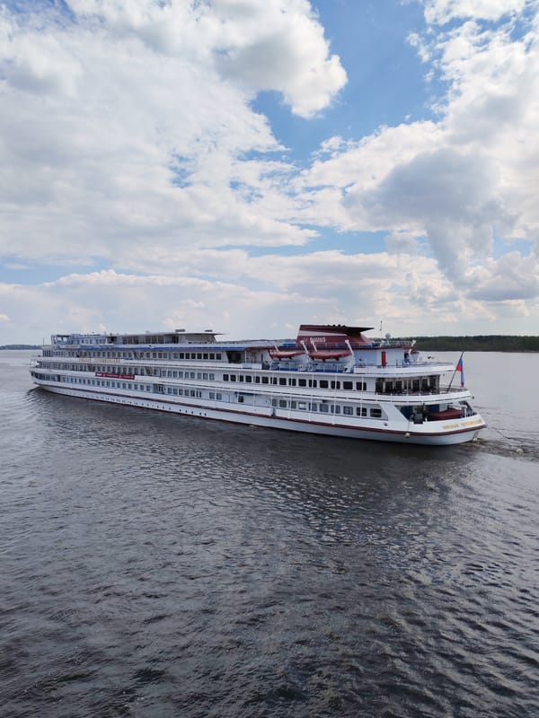 River traffic observed near Pruzhinino includes cruise ships, cargo barge