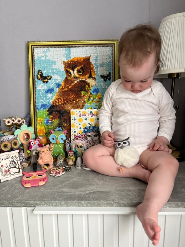 Mother and baby enjoy quiet afternoon with owl collection in Shushary