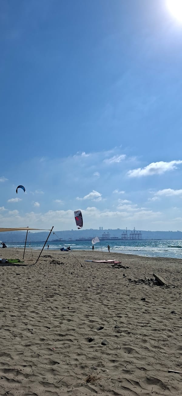 Kitesurfers and calm shoreline on a clear beach day
