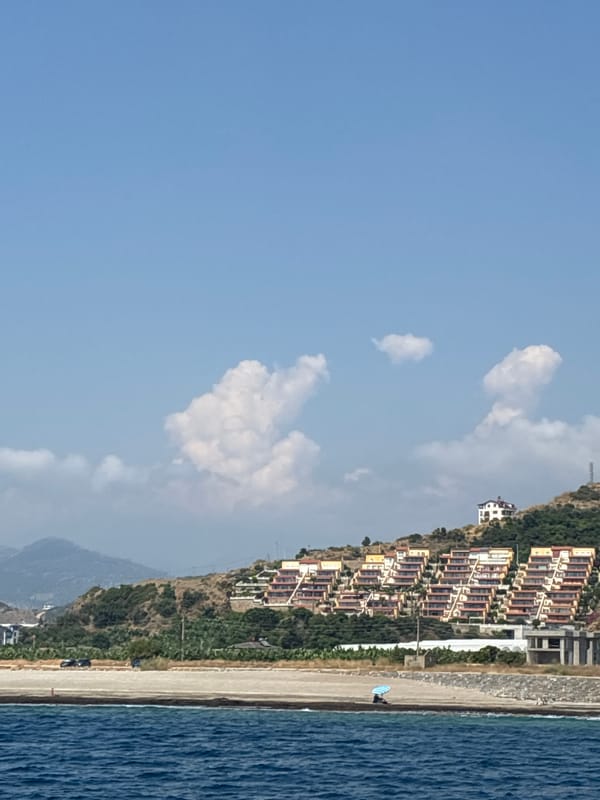 Gazipaşa coastline and hillside town on a calm summer day