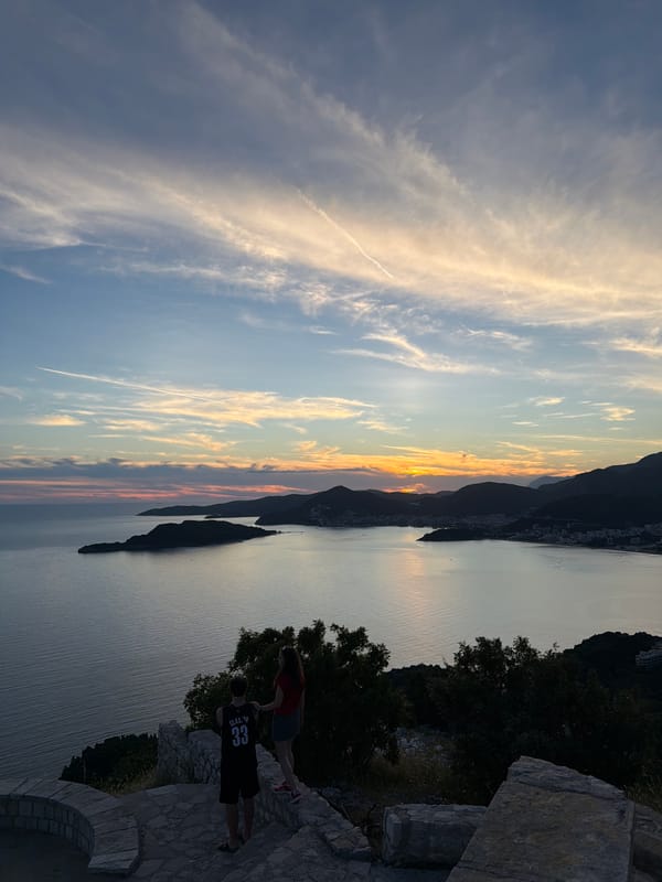 Sunset views captured over Sveti Stefan Montenegro coastline