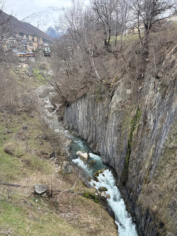 Rapids observed flowing through rocky gorge near Mestia, Georgia