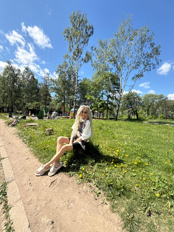 Woman enjoys morning park visit in Rusanovo, Russia