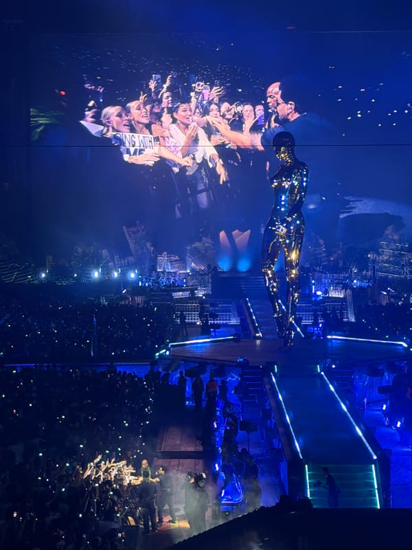 Big arena concert lights up Munich with red and blue