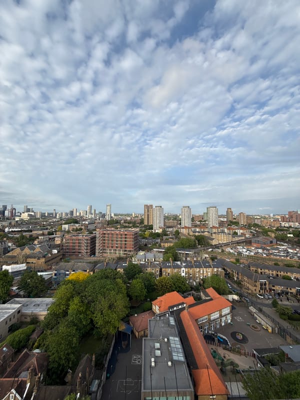Aerial view captures London cityscape under cloudy skies