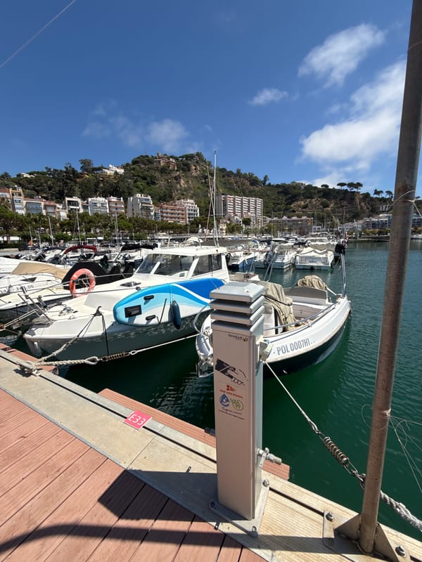 Busy summer morning at Blanes marina, jet skis and boats in motion