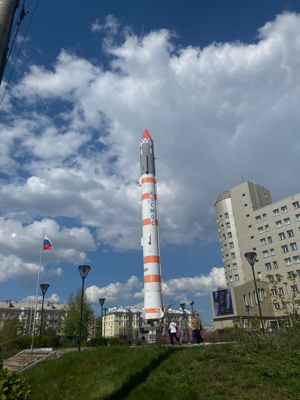Soyuz rocket monument observed in Krasnoyarsk, Russia