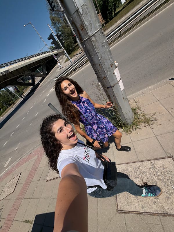 Sidewalk hangout and selfies on a sunny Sofia morning