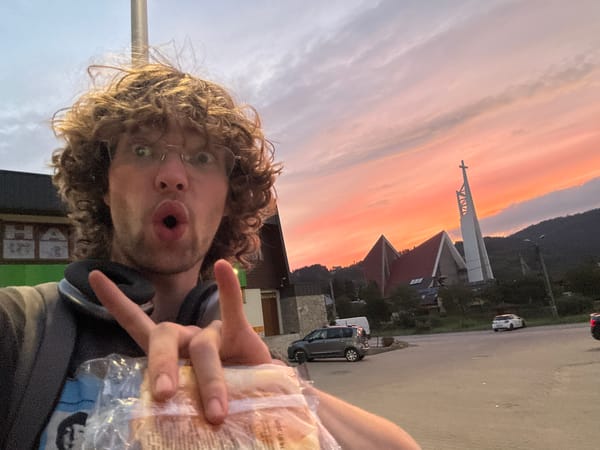 Sunset selfie session in the Polish mountains, Beatles tee and snacks