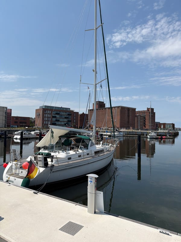 Wismar's harbor and old town on a sunny summer morning