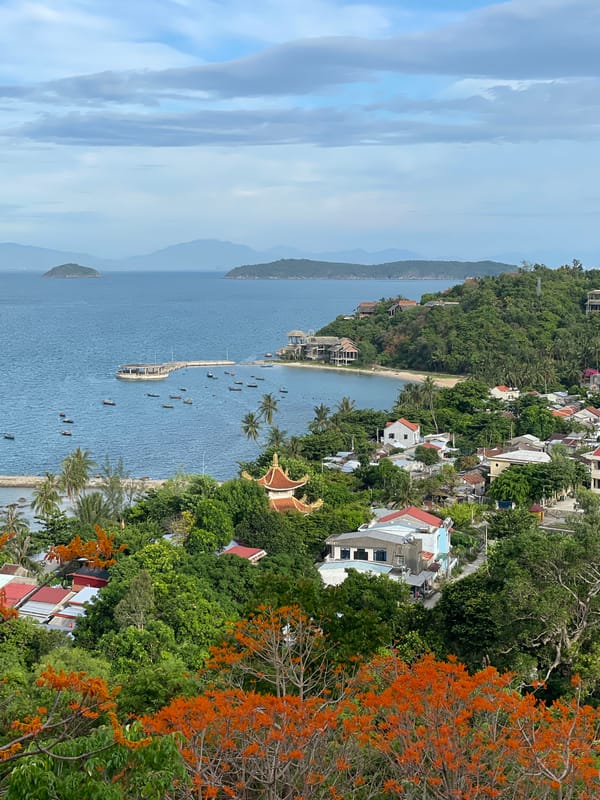 Đà Nẵng bay from above, fishing boats and blooming flamboyant tree