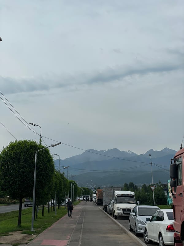Street-level snapshots from Almaty with mountain backdrop