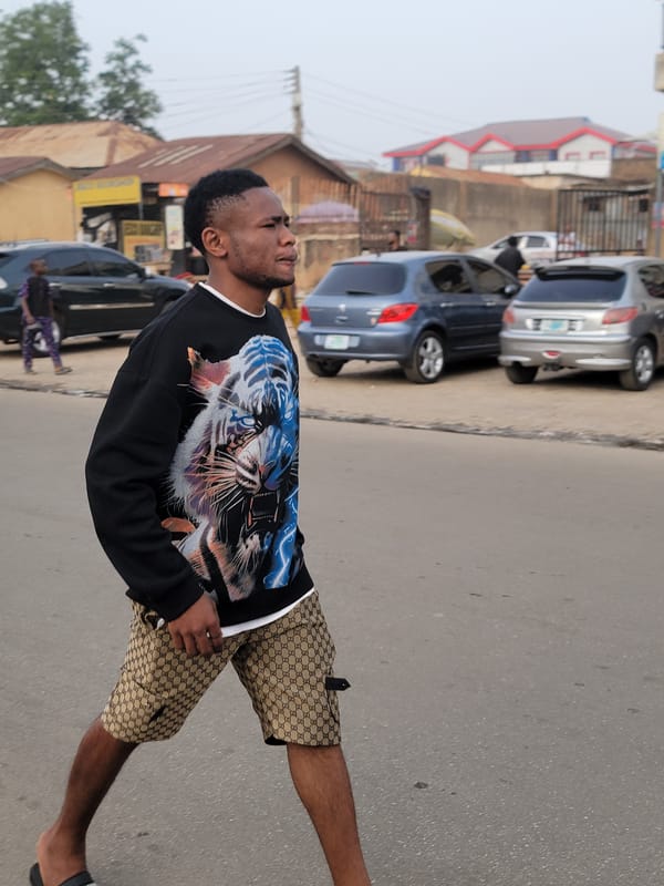 Man in tiger shirt observed looking upward on Jos street