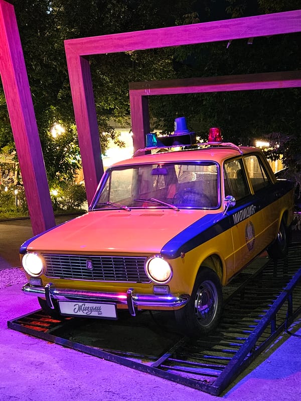 Vintage Soviet Zhiguli police car on display in Almaty