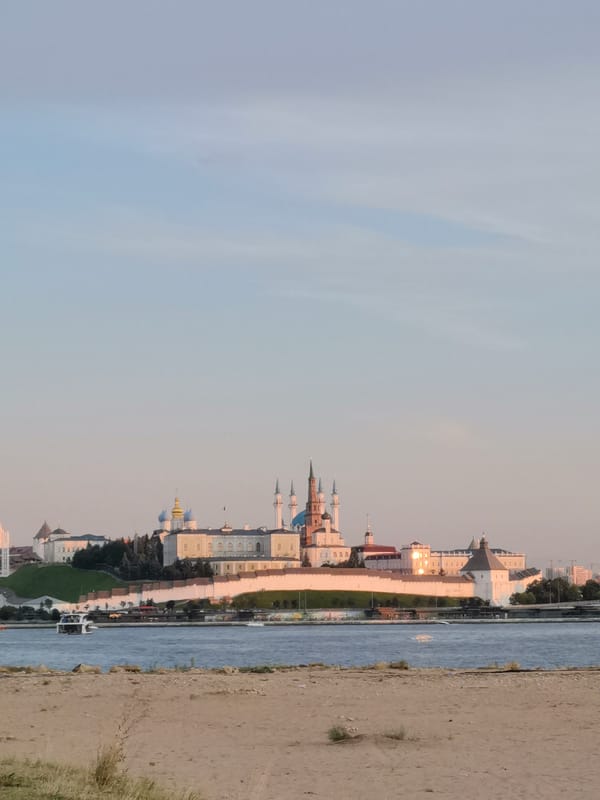 Kazan's riverfront at golden hour: Kremlin, Chasha, and the Kazanka