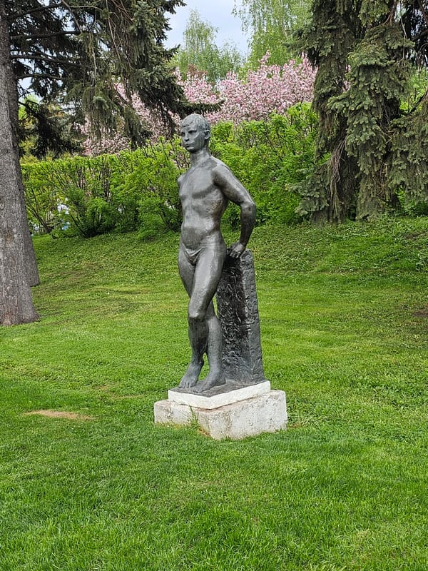 Bronze nude male statue observed in park setting