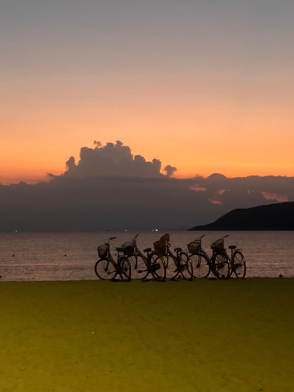 Rental bicycles parked along Nha Trang waterfront at night