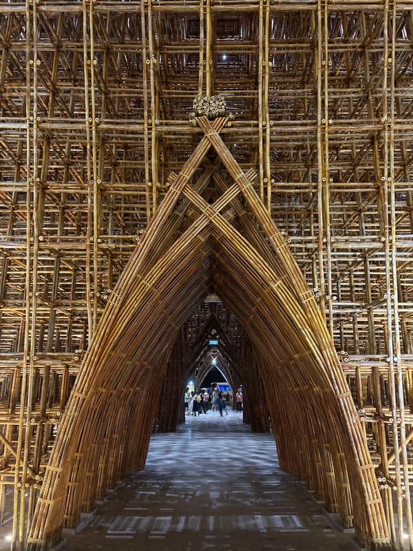 Tourist documents nighttime visit to illuminated bamboo park in Vietnam