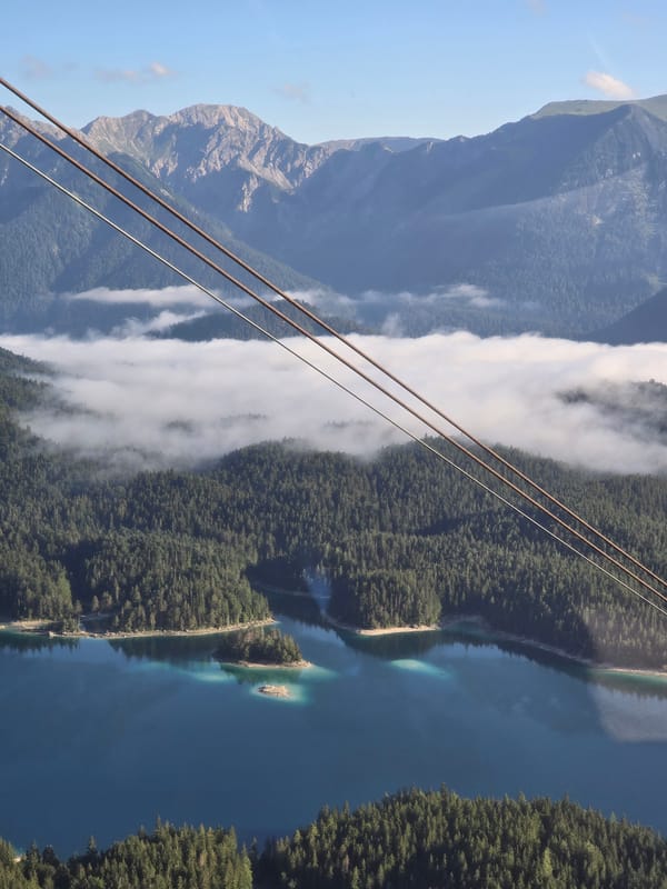 Cable car views over Eibsee and the Zugspitze, Grainau