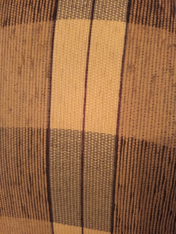Plaid textile with brown, beige, purple pattern documented