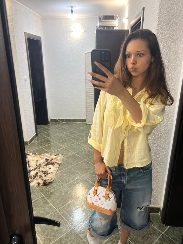 Mirror selfie session in Zlatograd, yellow ruffled blouse and denim