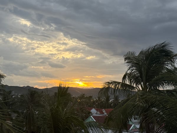 Tropical coastal sunset across mountains, palms, and shoreline