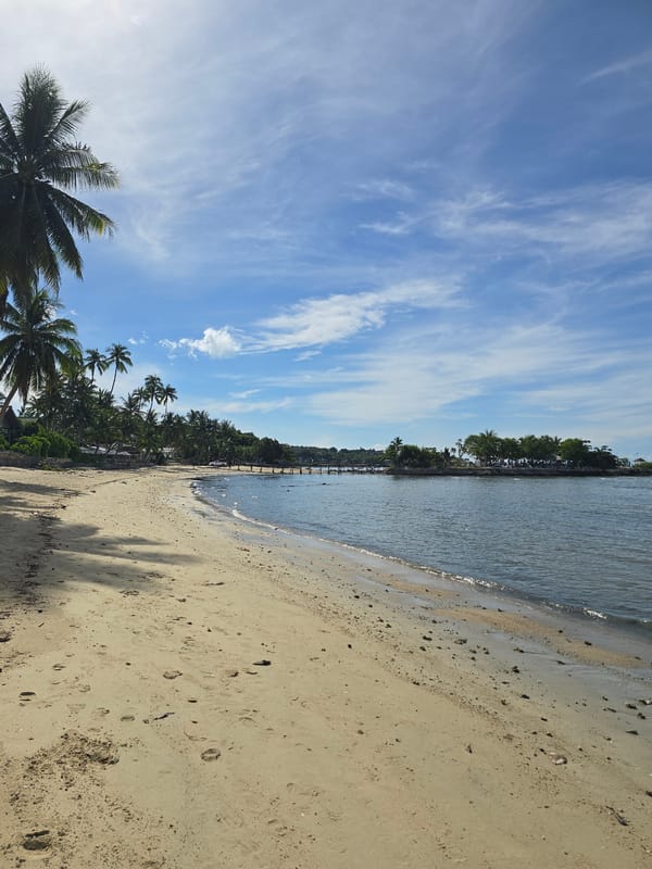 Busy tropical beach with bungalows, boats, and shoreline activity