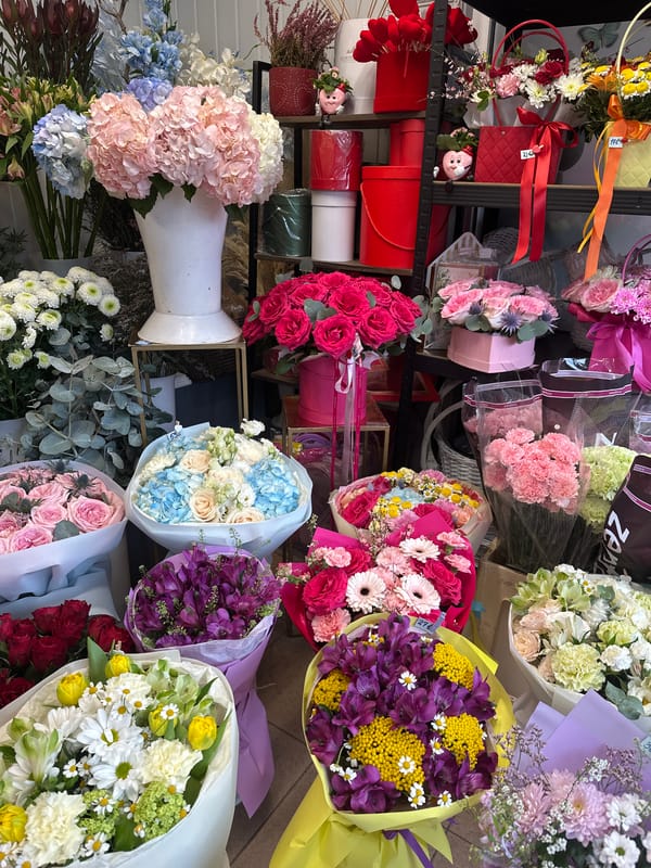 Flower shop displays various bouquets in Liepaja, Latvia