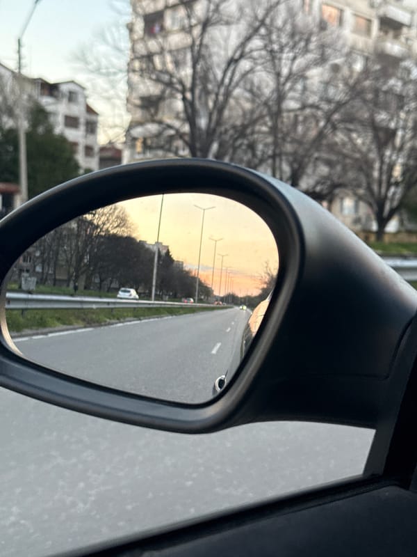 Driver captures road view in side mirror in Stara Zagora