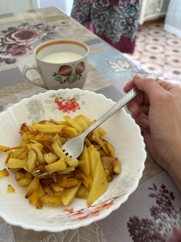 Person enjoys potato meal in Ust-Ilimsk home setting