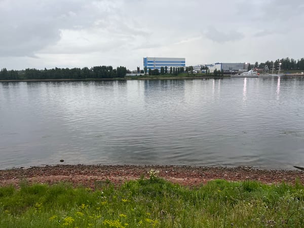 Overcast afternoon at the Neva River near an industrial shipyard