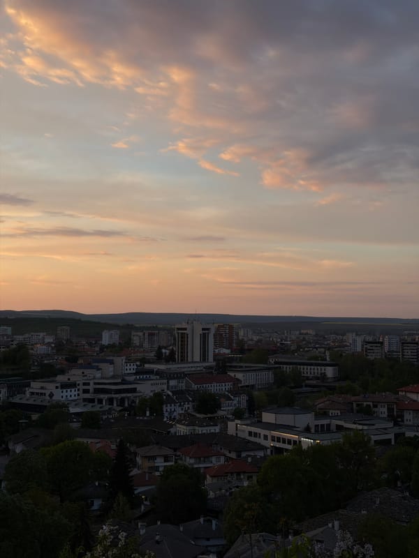 Spectacular sunset illuminates historic Lovech, Bulgaria cityscape