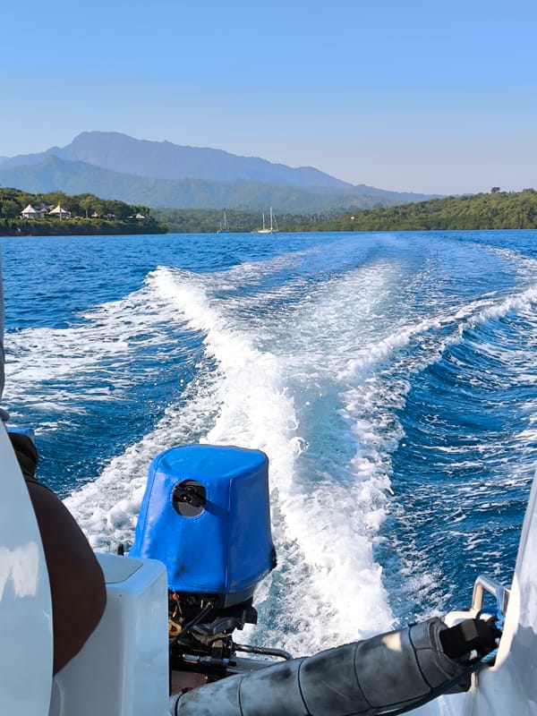 Powerboat travels coastal waters near Gerokgak, Indonesia
