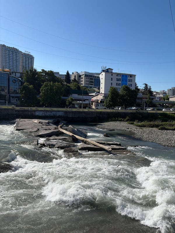 Morning documentation of Sochi riverside infrastructure and urban landscape