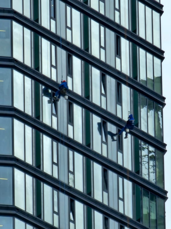 Rope crews work the glass towers of Moscow City