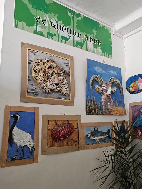 Children's animal artwork displayed on school walls in Yerevan
