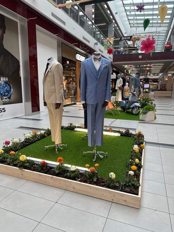 Suit mannequins displayed in Bielsko-Biała shopping mall