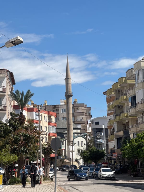 Urban street scenes documented in mountainous city with mosque