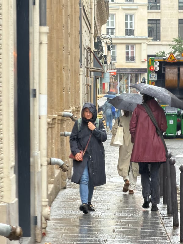 Rainy afternoon street life documented across central Paris