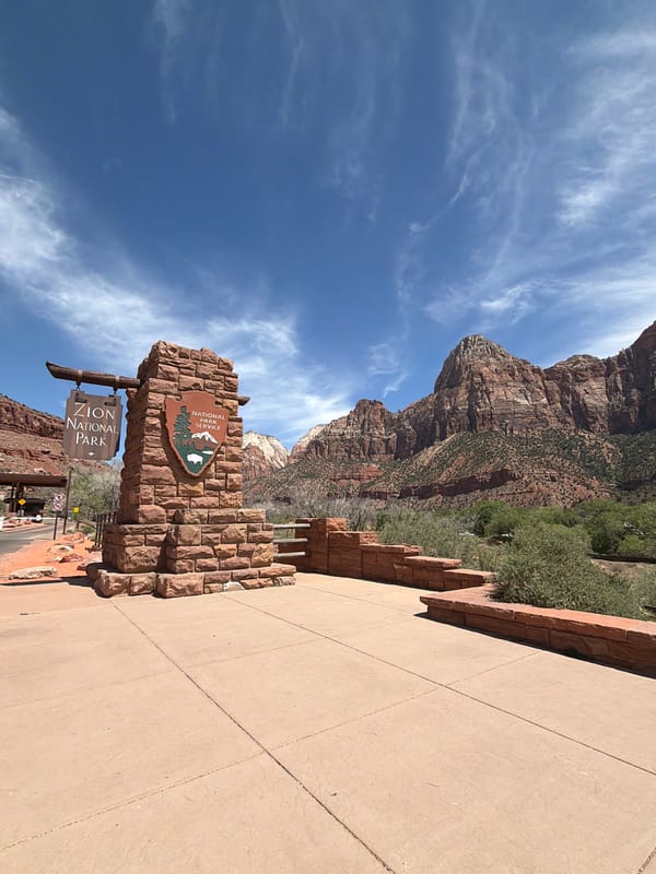 Visitor captures Zion National Park entrance on clear spring day