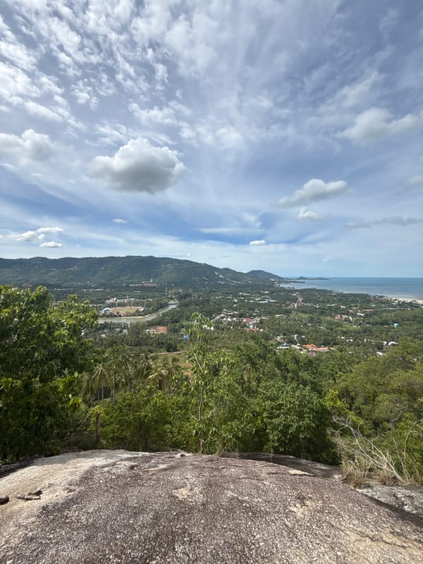 Hilltop views and rocky details above Baan Harn's coastline