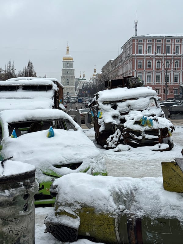 Destroyed Russian military equipment displayed across snowy central Kyiv