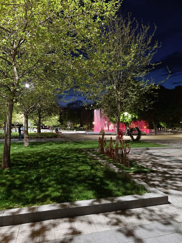 Evening urban walk captures illuminated decorations and street scenes
