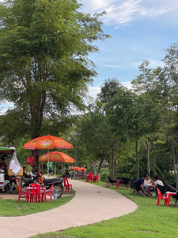 Morning life unfolds at Siem Reap riverside park