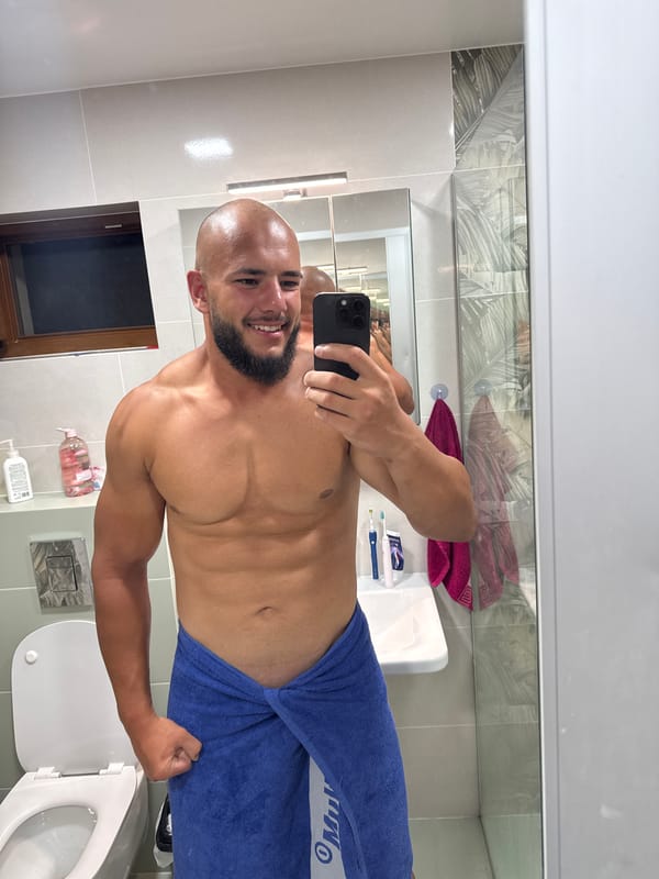 Mirror selfie session in a Sofia bathroom, June 2026.