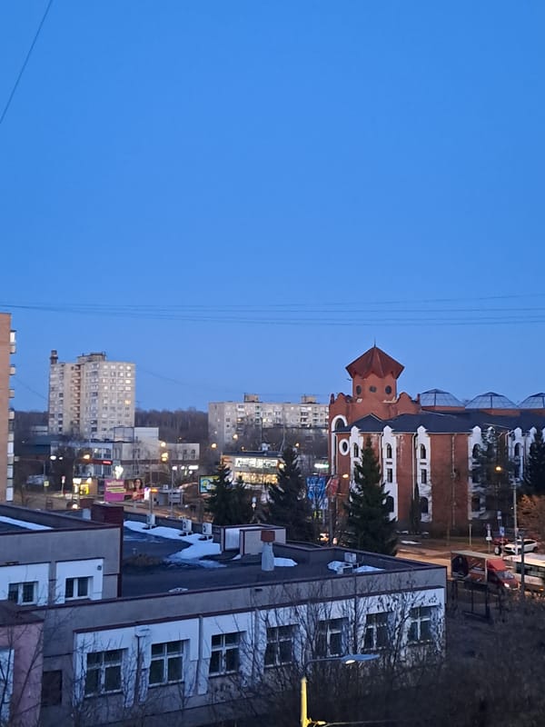 Twilight cityscape captured in Elektrostal, Russia during winter evening