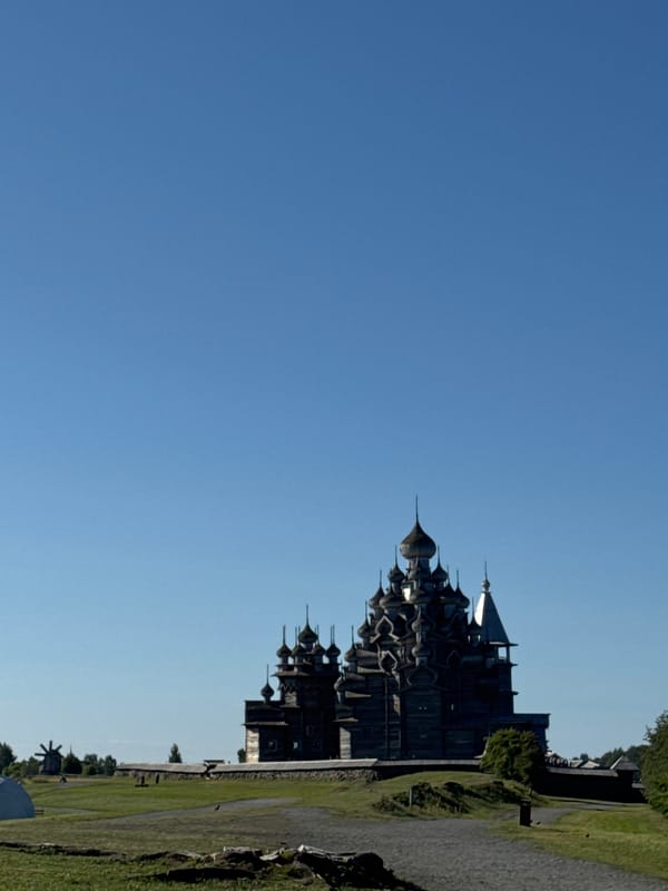 Kizhi Island's iconic wooden churches on a clear summer morning